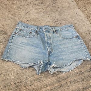 Levi 501 button down high waisted shorts, light blue wash